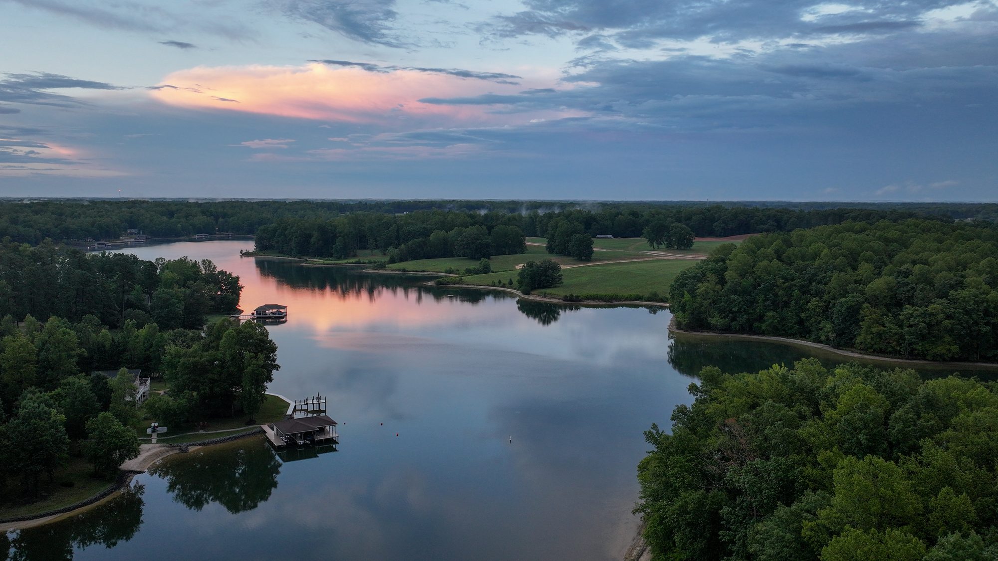 Sunset aerial of Lake Anna with wooded shores